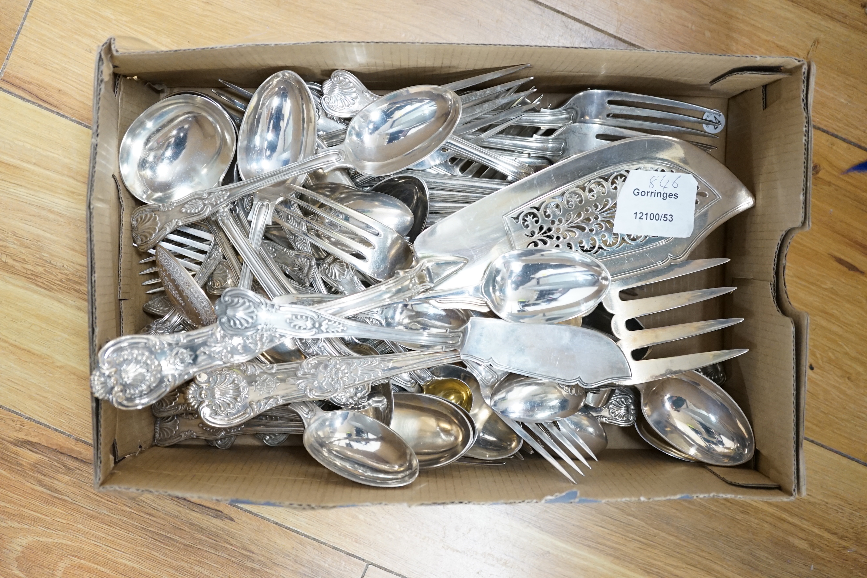 A part canteen of Victorian silver Kings pattern flatware including six tablespoons, six table forks, four dessert forks, four dessert spoons, Francis Higgins, London, 1876 and a quantity of other flatware, various dates